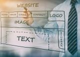 Mid shot of a business man in shirt and tie overlaid by a hand drawn plan of a website homepage.