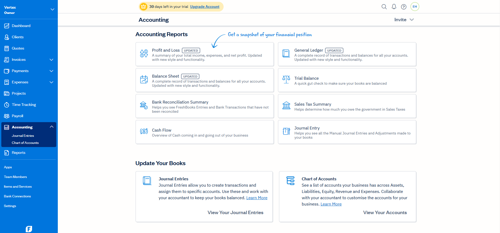 Screenshot of the Accounting Reports section of FreshBooks