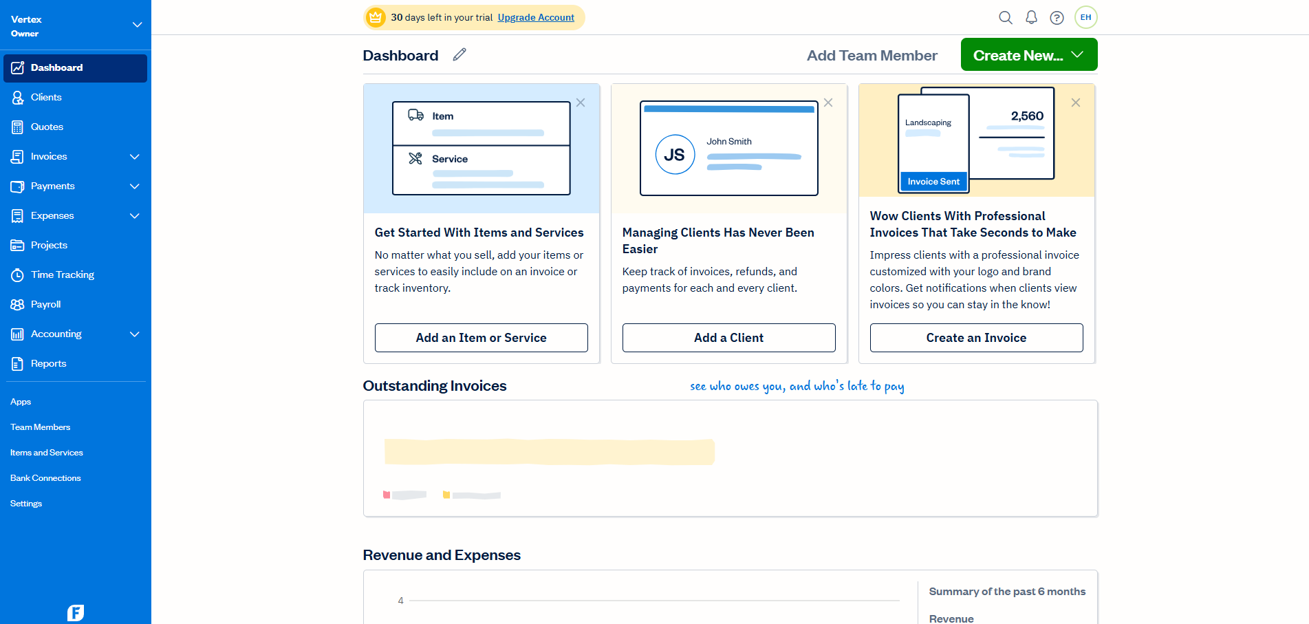 Screenshot of the FreshBooks dashboard