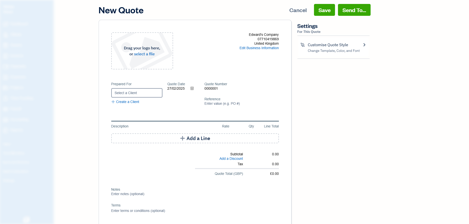 Screenshot of the quotes section of FreshBooks