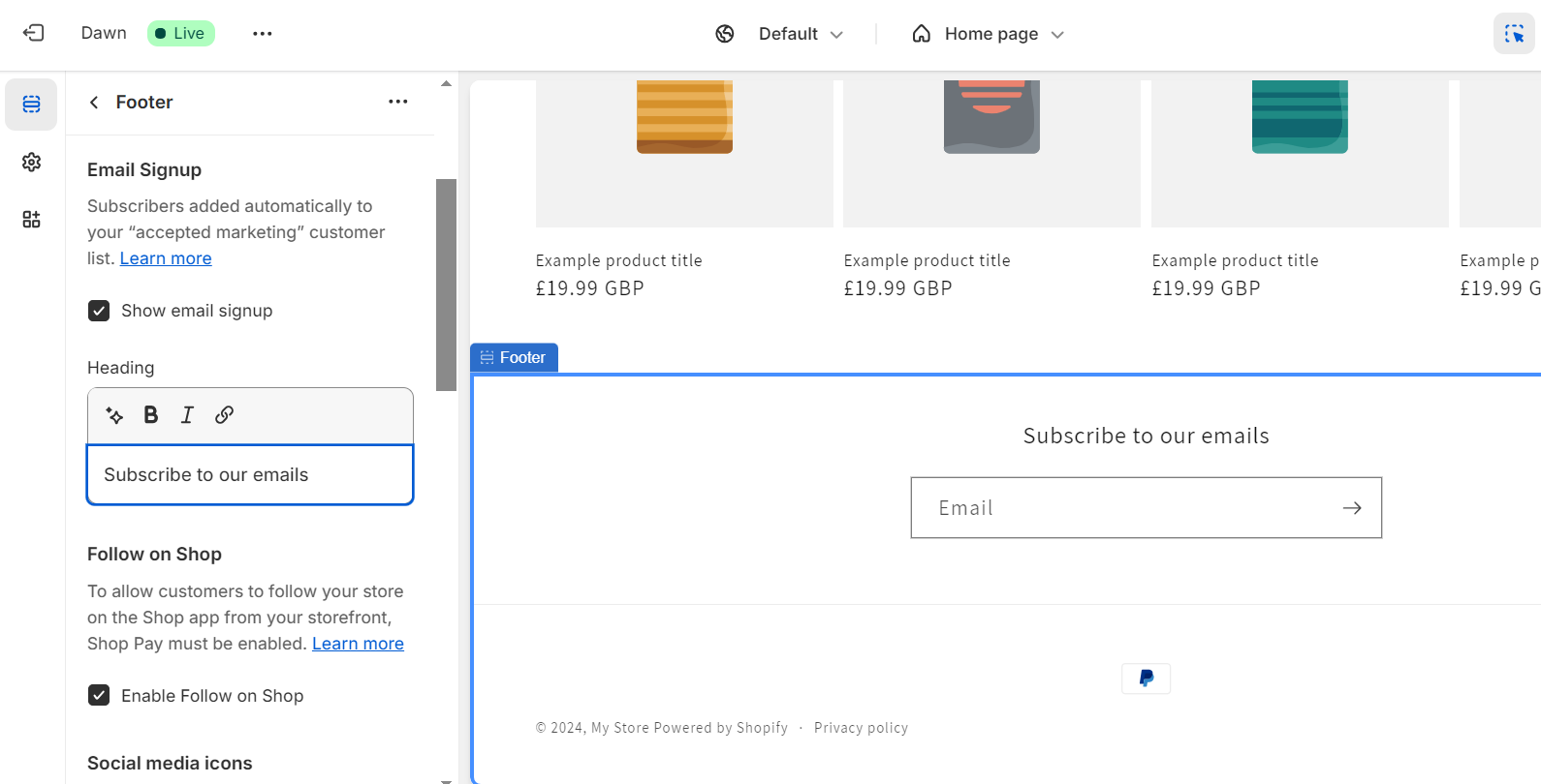 Editing text in the sidebar of Shopify's website editor