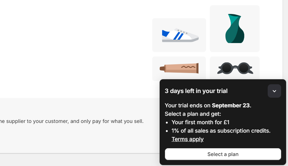 Shopify free trial pop up in the account backend