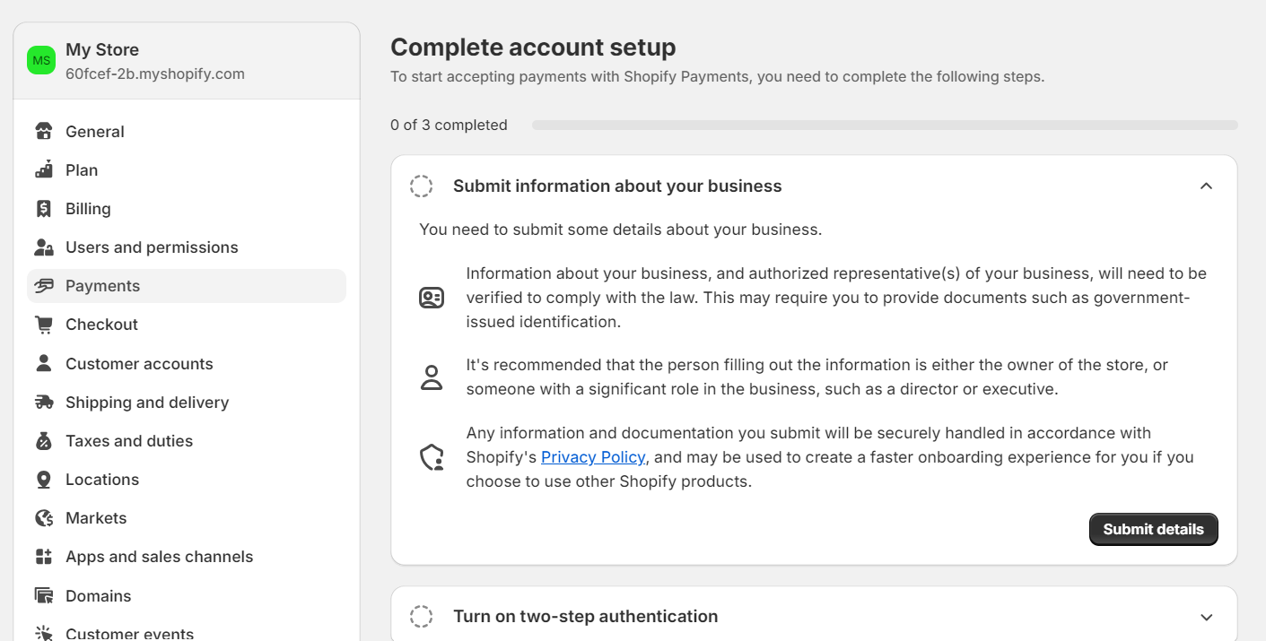 Account setup for Shopify Payments in Shopify's account settings