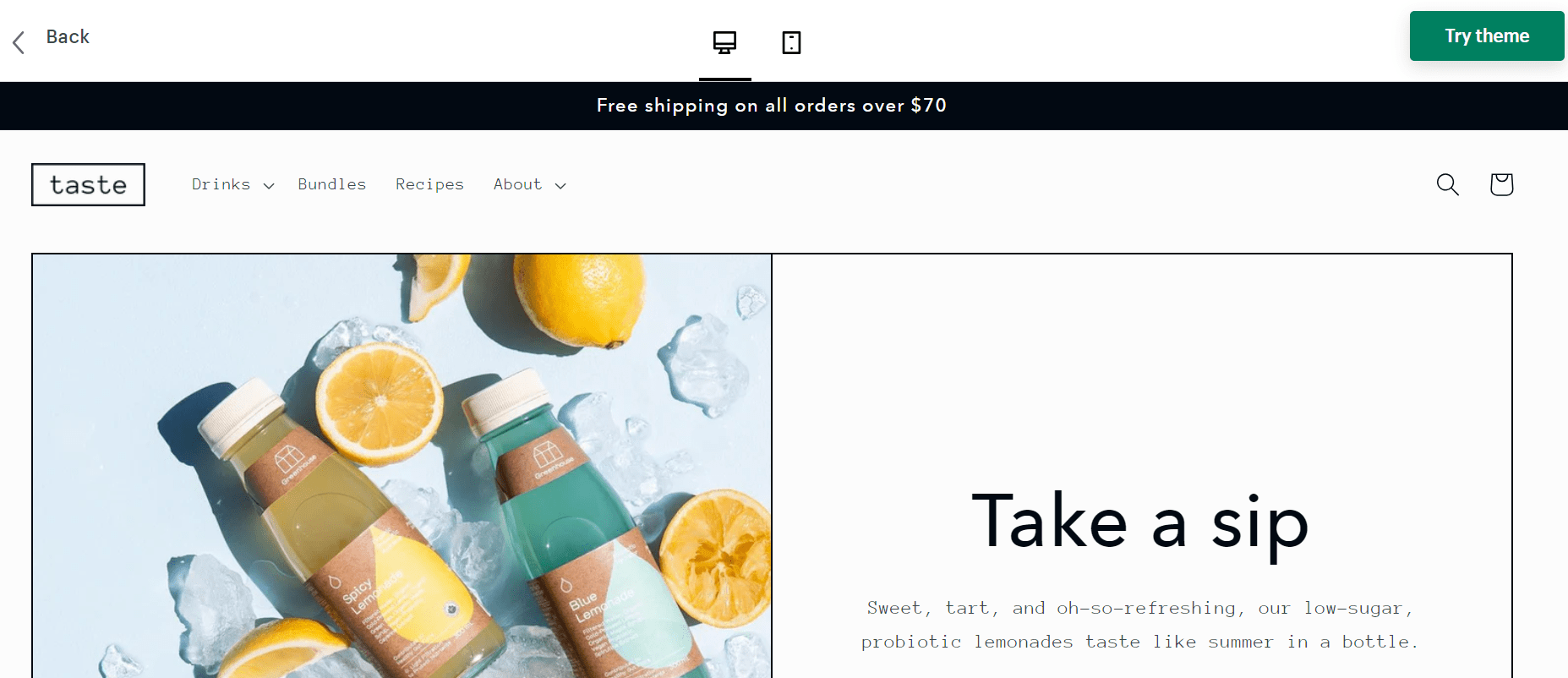 Shopify preview of the Taste template
