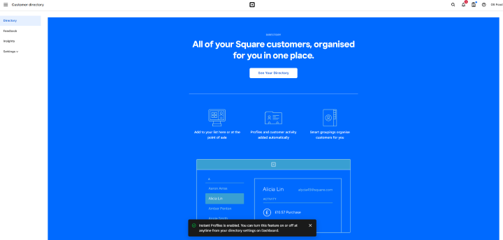 Screenshot of the Square retail POS customer page
