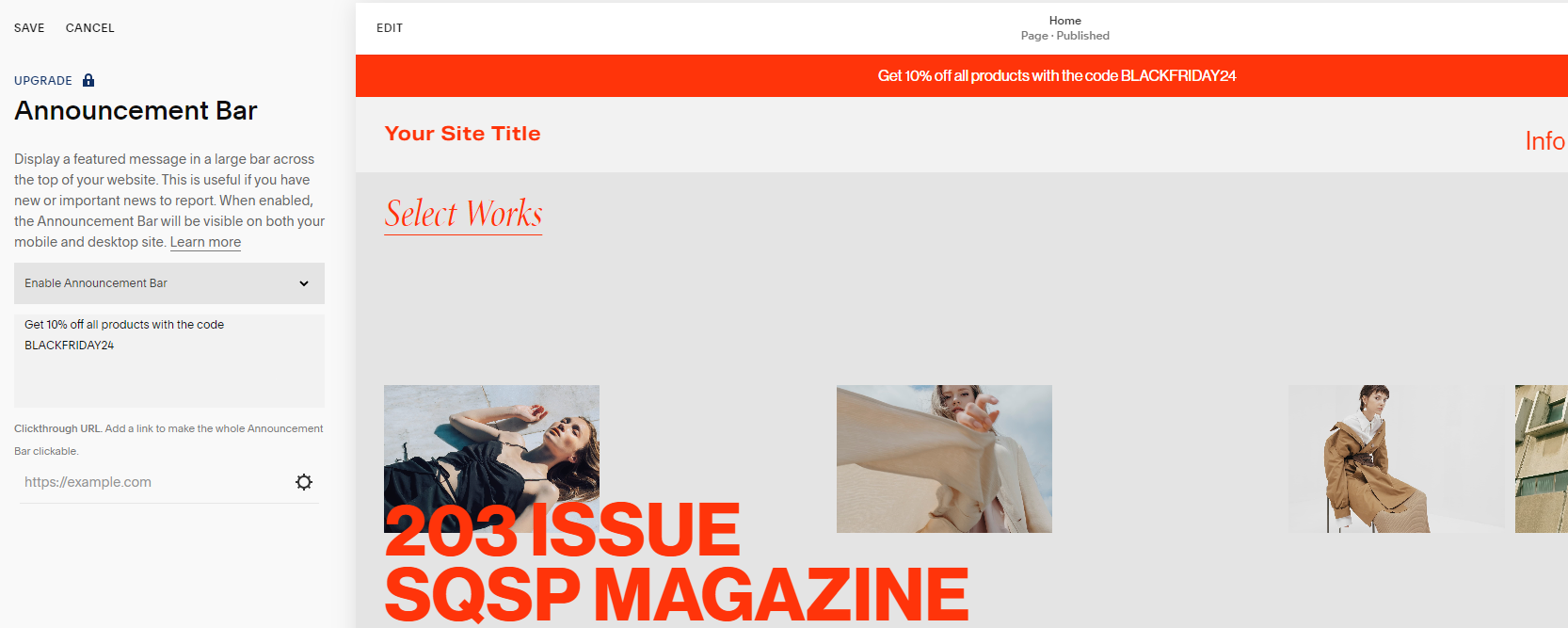 Editing an announcement bar in Squarespace's website editor