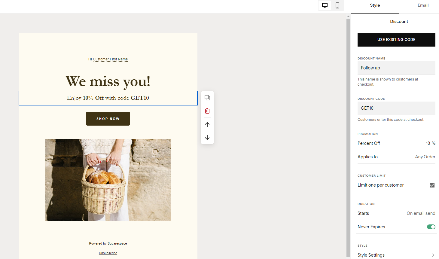 Squarespace email marketing campaign editor for a discount email 