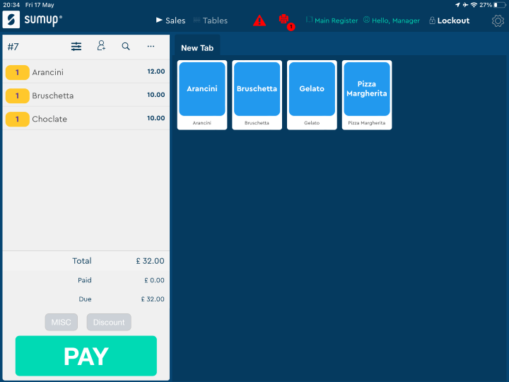 Screenshot of the SumUp POS ordering page