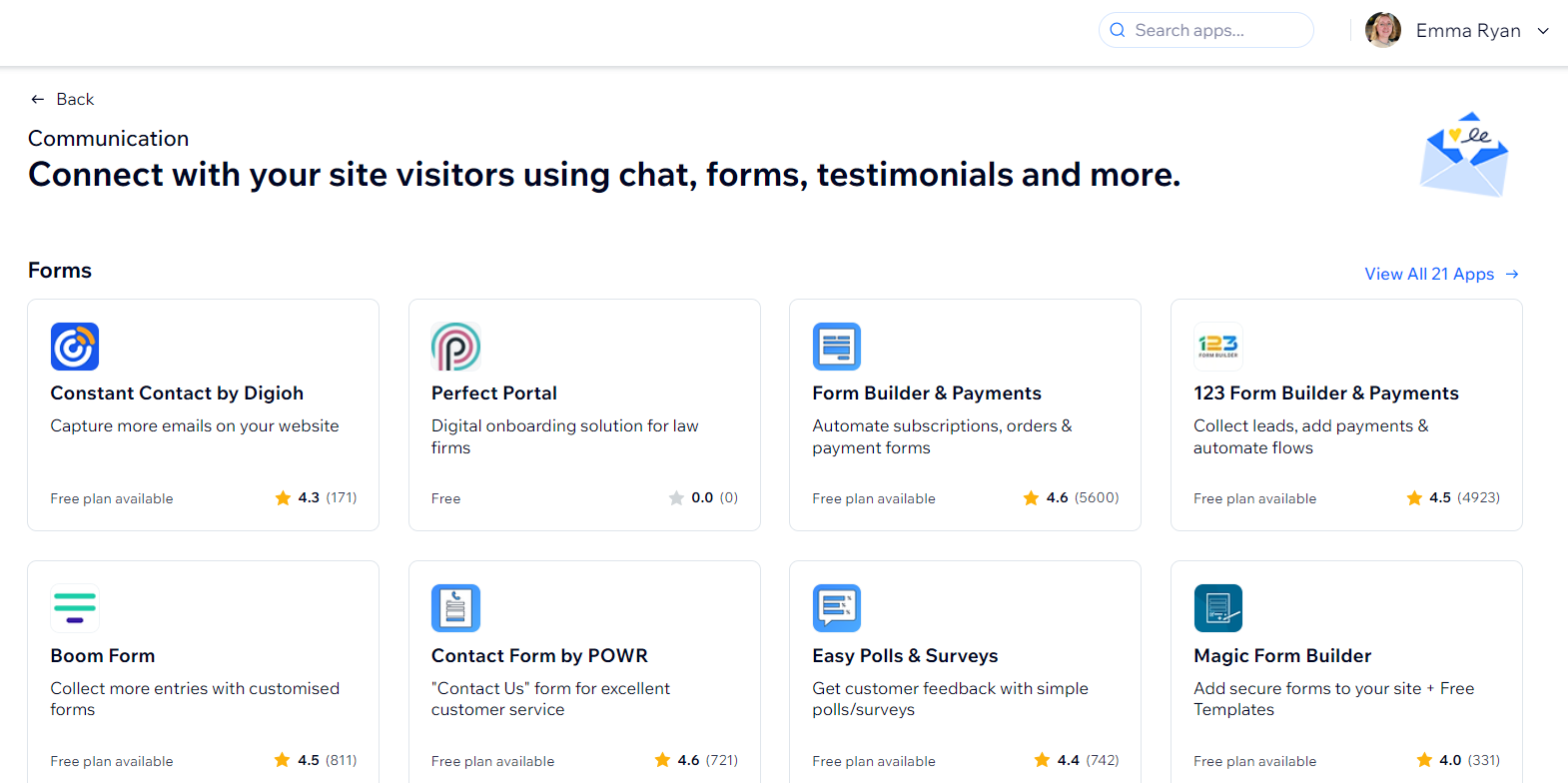 Page of communication apps in Wix's app market