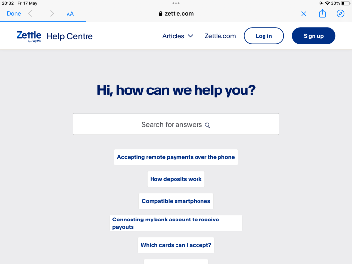 Screenshot of the Zettle help and support page