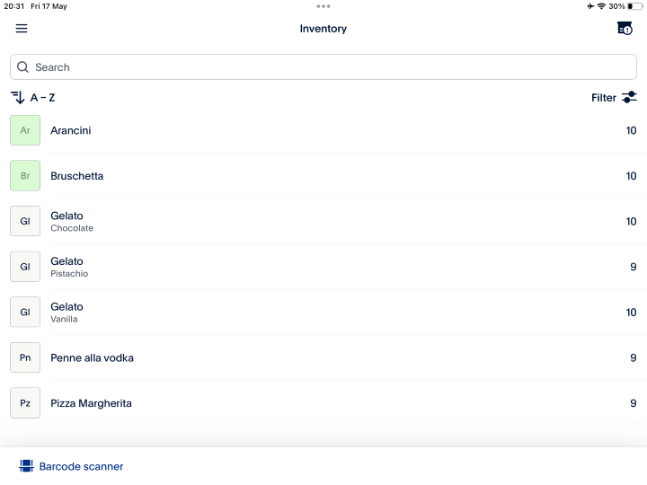 Screenshot of the inventory page of Zettle's POS